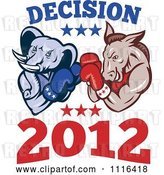 Vector Clip Art of Retro Cartoon Democratic Donkey and Republican Elephant Boxing with Decision 2012 Text by Patrimonio