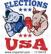 Vector Clip Art of Retro Cartoon Democratic Donkey and Republican Elephant Boxing with Elections USA Text by Patrimonio