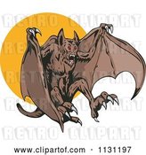Vector Clip Art of Retro Cartoon Demonic Vampire Bat Attacking over a Full Moon by Patrimonio
