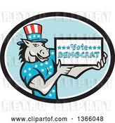 Vector Clip Art of Retro Cartoon Donkey Wearing a Top Hat and Holding a Vote Democrat Sign in an Oval by Patrimonio
