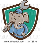 Vector Clip Art of Retro Cartoon Elephant Guy Mechanic Holding a Giant Spanner Wrench, Emerging from a Brown White and Turquoise Shield by Patrimonio