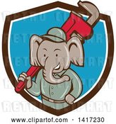Vector Clip Art of Retro Cartoon Elephant Guy Plumber Holding a Giant Monkey Wrench, Emerging from a Brown White and Blue Shield by Patrimonio