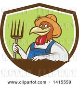 Vector Clip Art of Retro Cartoon Farmer Rooster Chicken Guy Wearing Overalls and a Straw Hat, Holding a Pitchfork in a Brown White and Green Shield by Patrimonio