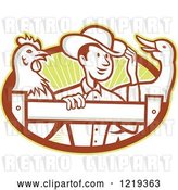 Vector Clip Art of Retro Cartoon Farmer with a Goose and Rooster at a Fence over Rays by Patrimonio