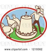 Vector Clip Art of Retro Cartoon Farmer with Chickens at a Feeder in an Oval by Patrimonio
