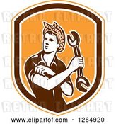 Vector Clip Art of Retro Cartoon Female Mechanic Holding a Wrench and Rolling up Her Sleeves in an Orange White and Brown Shield by Patrimonio
