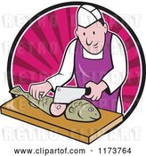 Vector Clip Art of Retro Cartoon Fishmonger Sushi Chef Chopping a Fish over a Pink Circle of Rays by Patrimonio