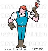 Vector Clip Art of Retro Cartoon Full Length Male Plumber Holding a Monkey Wrench by Patrimonio