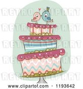 Vector Clip Art of Retro Cartoon Funky Wedding Cake with Kissing Bride and Groom Birds on Top by BNP Design Studio