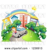 Vector Clip Art of Retro Cartoon Girl Waving and Sitting on Her Slug Bug in a Park by