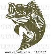 Vector Clip Art of Retro Cartoon Green Jumping Largemouth Bass Fish by Patrimonio