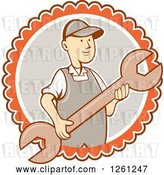 Vector Clip Art of Retro Cartoon Guy Holding a Spanner Wrench in a White Gray and Orange Circle by Patrimonio