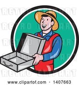 Vector Clip Art of Retro Cartoon Guy Wearing a Hat and Overalls, Smiling and Holding an Empty Open Suitcase by Patrimonio