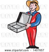 Vector Clip Art of Retro Cartoon Guy Wearing a Hat and Overalls, Smiling and Holding an Empty Open Suitcase by Patrimonio