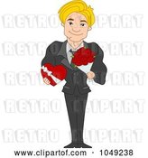 Vector Clip Art of Retro Cartoon Handsome Valentine Guy Holding a Chocolate Box and Bouquet by BNP Design Studio
