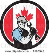 Vector Clip Art of Retro Cartoon Handy Guy or Mechanic Flexing and Holding a Spanner Wrench in a Canadian Flag Circle by Patrimonio