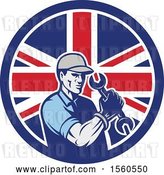 Vector Clip Art of Retro Cartoon Handy Guy or Mechanic Flexing and Holding a Spanner Wrench in a Union Jack Flag Circle by Patrimonio