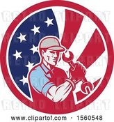Vector Clip Art of Retro Cartoon Handy Guy or Mechanic Flexing and Holding a Spanner Wrench in an American Flag Circle by Patrimonio