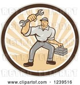 Vector Clip Art of Retro Cartoon Handy Guy with a Wrench and Tool Box in a Sunny Circle by Patrimonio