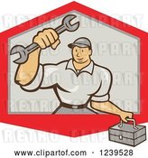 Vector Clip Art of Retro Cartoon Handy Guy with a Wrench and Tool Box in Shield by Patrimonio