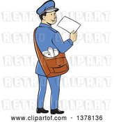 Vector Clip Art of Retro Cartoon Happy Mail Guy Holding an Envelope and Looking Back over His Shoulder by Patrimonio