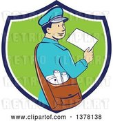 Vector Clip Art of Retro Cartoon Happy Mail Guy Holding an Envelope and Looking Back over His Shoulder in a Blue White and Green Shield by Patrimonio