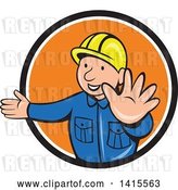 Vector Clip Art of Retro Cartoon Happy Male Builder Presenting and Gesturing to Stop in a Black White and Orange Circle by Patrimonio