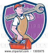 Vector Clip Art of Retro Cartoon Happy White Male Mechanic Carrying a Tool Box and Giant Wrench and Emerging from a Blue White and Purple Shield by Patrimonio