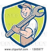 Vector Clip Art of Retro Cartoon Happy White Male Mechanic Holding a Giant Wrench over His Shoulder and Emerging from a Blue White and Green Shield by Patrimonio
