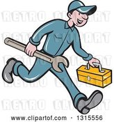 Vector Clip Art of Retro Cartoon Happy White Male Mechanic Runnign with a Spanner Wrench and a Tool Box by Patrimonio