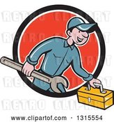 Vector Clip Art of Retro Cartoon Happy White Male Mechanic Runnign with a Spanner Wrench and a Tool Box, Emerging from a Black White and Red Circle by Patrimonio