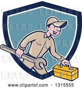 Vector Clip Art of Retro Cartoon Happy White Male Mechanic Runnign with a Spanner Wrench and a Tool Box, Emerging from a Blue and White Shield by Patrimonio