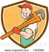 Vector Clip Art of Retro Cartoon Happy White Male Plumber Holding a Giant Monkey Wrench over His Shoulder and Emerging from a Brown White and Orange Shield by Patrimonio