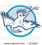 Vector Clip Art of Retro Cartoon Heron Diving over a Blue Sunny Circle by Patrimonio