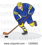Vector Clip Art of Retro Cartoon Hockey Player in Blue and Yellow by Patrimonio