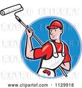 Vector Clip Art of Retro Cartoon House Painter Worker Using a Roller in a Blue Circle by Patrimonio