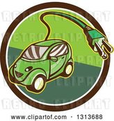 Vector Clip Art of Retro Cartoon Hybrid Electric Car with a Plug in a Brown and Green Circle by Patrimonio