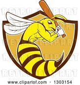 Vector Clip Art of Retro Cartoon Killer Bee Baseball Player Mascot Batting in a Bown White and Orange Shield by Patrimonio