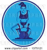 Vector Clip Art of Retro Cartoon Lady Crouching to Lift a Kettlebell in a Blue and White Oval by Patrimonio