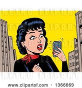 Vector Clip Art of Retro Cartoon Lady Holding a Smart Phone and Reading a Shocking Notification by Clip Art Mascots