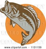Vector Clip Art of Retro Cartoon Leaping Largemouth Bass Fish over an Orange Circle by Patrimonio