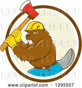 Vector Clip Art of Retro Cartoon Lumberjack Beaver Wearing a Hard Hat and Wielding an Axe in a Brown White and Pastel Green Circle by Patrimonio