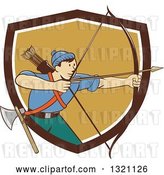 Vector Clip Art of Retro Cartoon Male Archer Aiming an Arrow and Emerging from a Brown White and Tan Shield by Patrimonio
