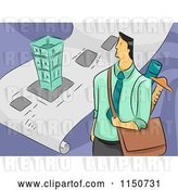 Vector Clip Art of Retro Cartoon Male Architect with a Bag and Blueprints by BNP Design Studio