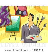 Vector Clip Art of Retro Cartoon Male Artist with Paintings by BNP Design Studio