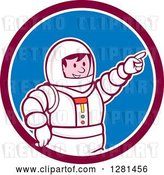 Vector Clip Art of Retro Cartoon Male Astronaut Pointing in a Maroon White and Blue Circle by Patrimonio