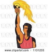 Vector Clip Art of Retro Cartoon Male Athlete Holding up a Torch by Patrimonio