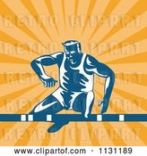 Vector Clip Art of Retro Cartoon Male Athlete Jumping a Hurdle over Rays by Patrimonio