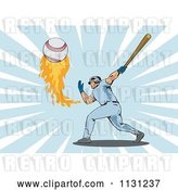 Vector Clip Art of Retro Cartoon Male Baseball Athlete Hitting a Flaming Ball over Rays by Patrimonio