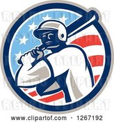 Vector Clip Art of Retro Cartoon Male Baseball Player Batting Inside an American Flag Circle by Patrimonio